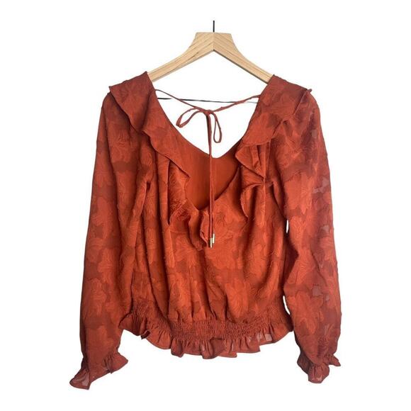 By Anthropologie Women’s Burnt Orange Textured Floral Ruffle Blouse Size-Small - Picture 3 of 3